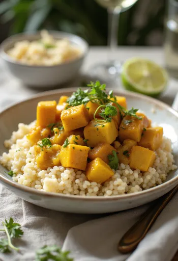 Kinoa me kerri, kungull dhe tofu me lime e servirur