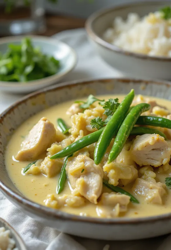 Kerri i gjelbër tajlandez me pulë dhe oriz i shërbyer