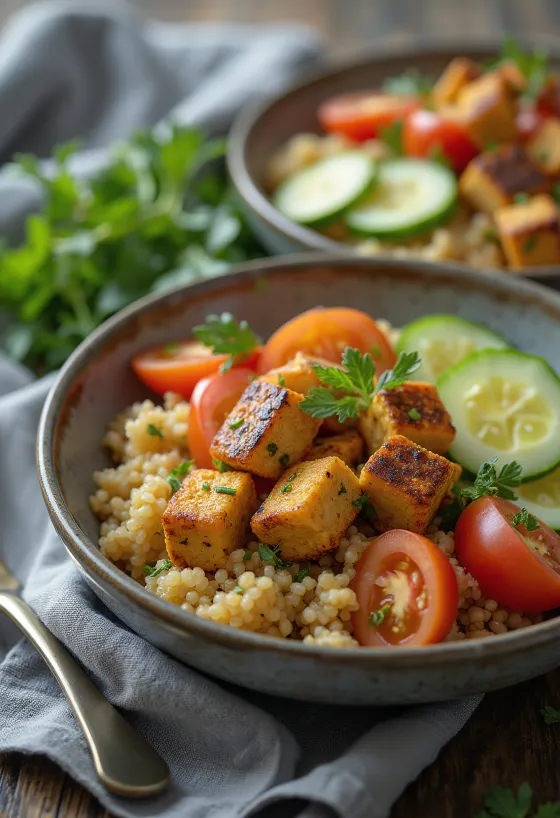 Tofu i pjekur në skarë i shërbyer me sallatë kinoa