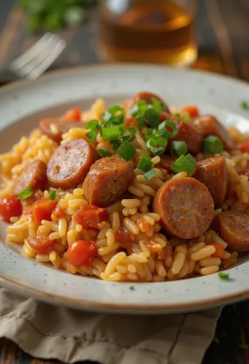 Jambalaya me salsiçe të tymosur dhe perime shumëngjyrëshe