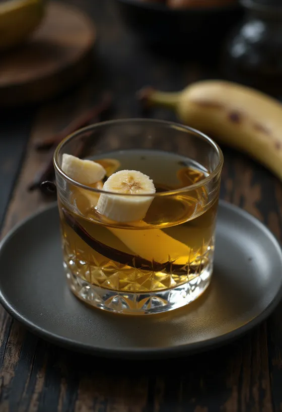 Likeri i bananes i shërbyer në shishe qelqi