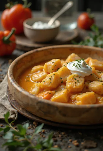 Paprikash mustaku i shërbyer me makarona me gjizë