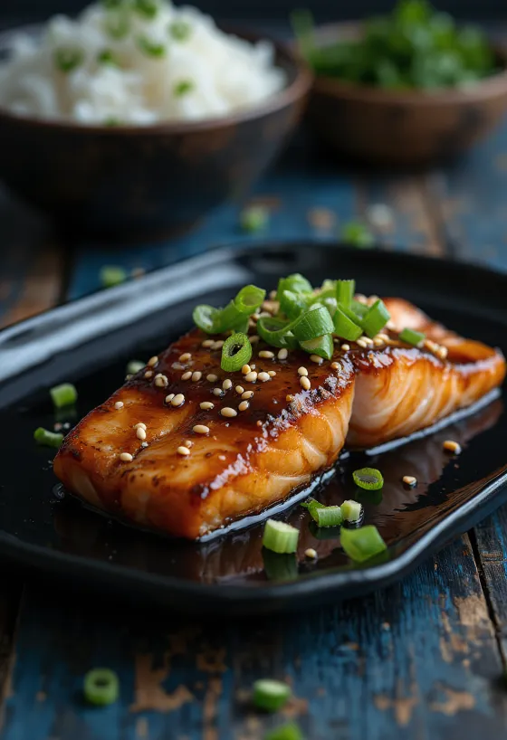 Salmon Teriyaki i shërbyer me susam dhe qepë të njoma