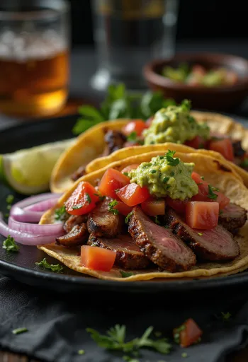 Tako Carne Asada me mish viçi të pjekur në skarë, koriandër dhe guacamole