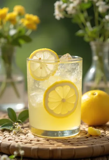 Pije frutash Cider me limon dhe shtog e zbukuruar me rrathë limoni dhe lule shtogu