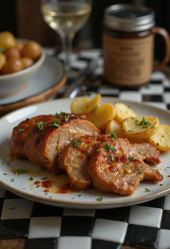 Qafë derri me hudhër e pjekur kërcitëse, e servirur me erëza të freskëta