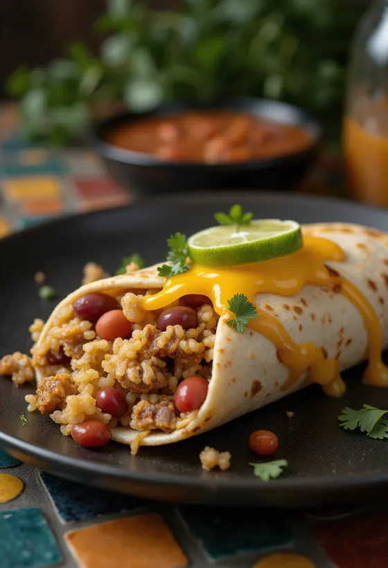 Burrito me mish derri në tortilla, e mbushur me oriz, fasule, djathë