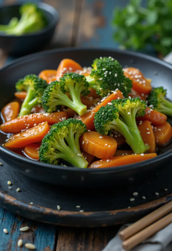 Brokoli stir fry i servirur me salcë soje me susam dhe perime krokante