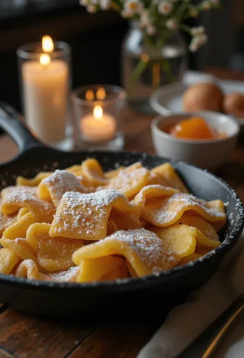 Kaiserschmarrn klasike e pjekur në ngjyrë të artë, e spërkatur me sheqer pluhur dhe e servirur me reçel.