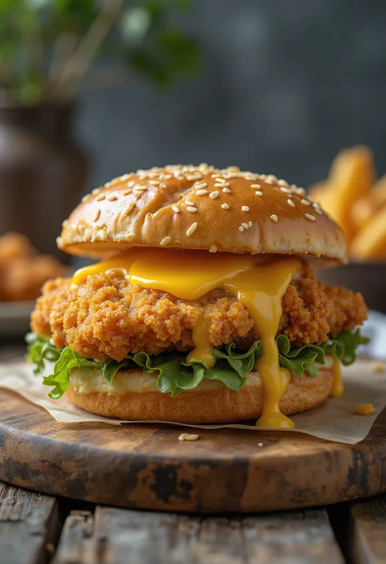 Hamburger me pulë të skuqur dhe panim krokant