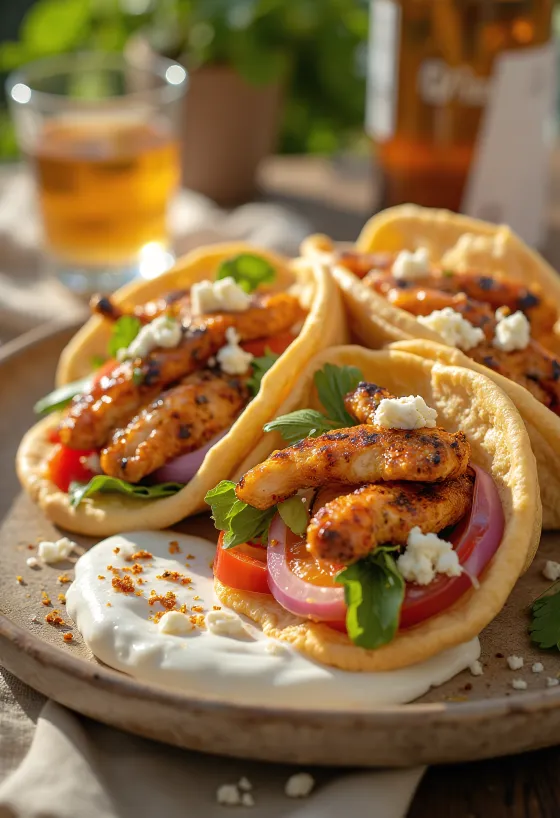 Gyros pikant me pulë të pjekur, perime të freskëta dhe salcë xaxiqi pikante