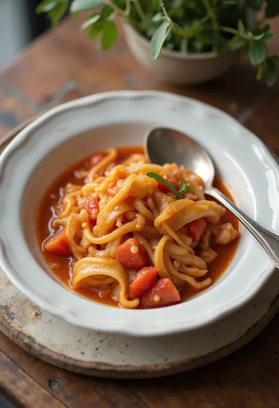 Lakër me salcë domatesh e shërbyer me kopër të freskët dhe qofte