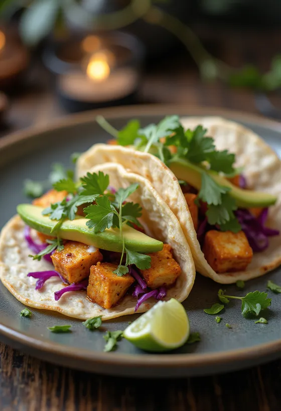 Tacos me Tofu, tofu pikant të skuqur, koriandër dhe perime të freskëta