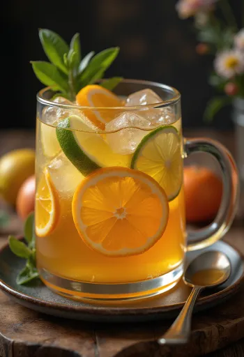 Cider me agrume i shërbyer në gotë qelqi
