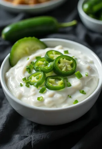 Salcë hudhre me kopër dhe jalapeño e servirur