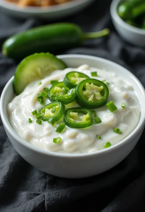 Salcë hudhre me kopër dhe jalapeño e servirur
