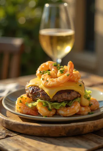 Hamburger Surf and Turf me mish viçi dhe karkaleca