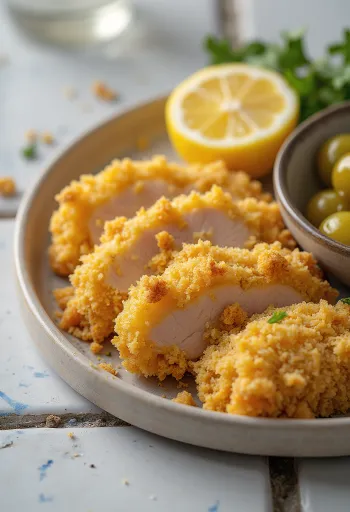Kotëleta derri pané të skuqura në ngjyrë të artë, me shtresë krokante dhe feta limoni të freskët