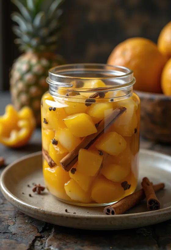 Ananas turshi pikant i servirur në kavanoz