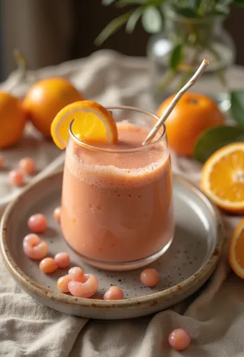 Smoothie me portokall dhe shtog në gotë, zbukuruar me lule shtogu të freskëta