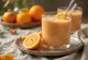 Smoothie me portokall dhe shtog në gotë, zbukuruar me lule shtogu të freskëta