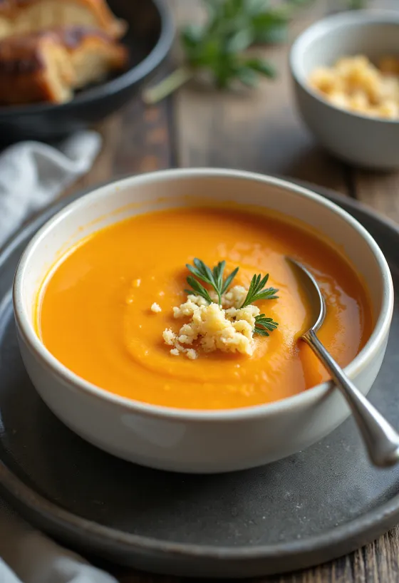 Supë krem karrote kremoze e servirur