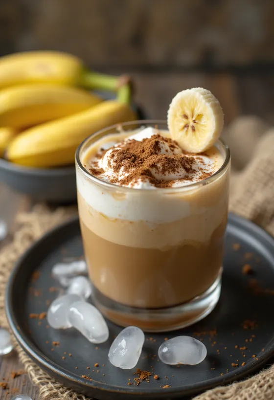 Kafe e ftohtë me banane e shërbyer kremoze