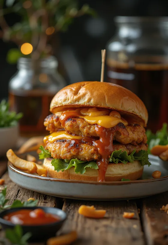 Hamburger pule Teriyaki me fara susami dhe sallatë