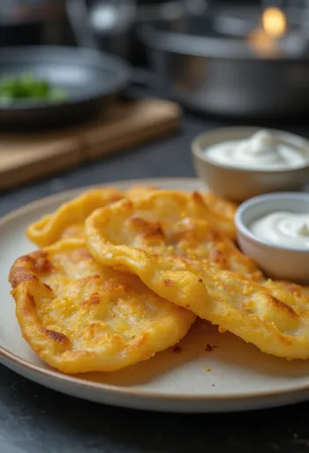 Llangos me patate i skuqur në ngjyrë të artë, shërbyer me salcë hudhre, ajkë dhe djathë të grirë.