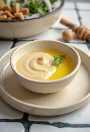 Salcë tahini me mjaltë dhe xhinxher e shërbyer