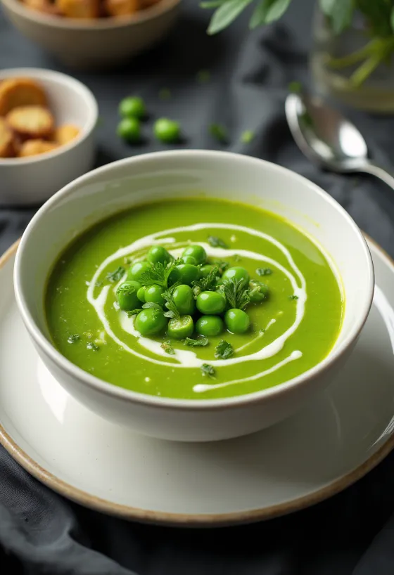 Supë krem bizele e servirur