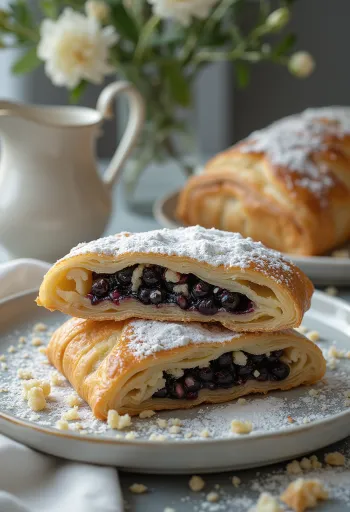 Shtrudel me farë lulëkuqe i sapopjekur me brumë krokant, i prerë në feta, i spërkatur me sheqer pluhur.