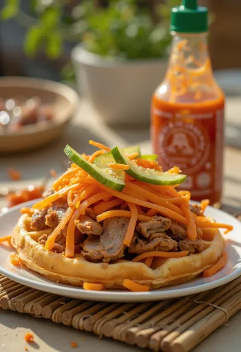 Gofra Banh Mi e servirur me perime të freskëta dhe mish derri të pjekur