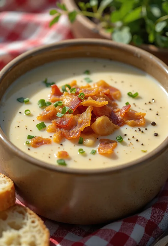 Supë krem patateje e servirur