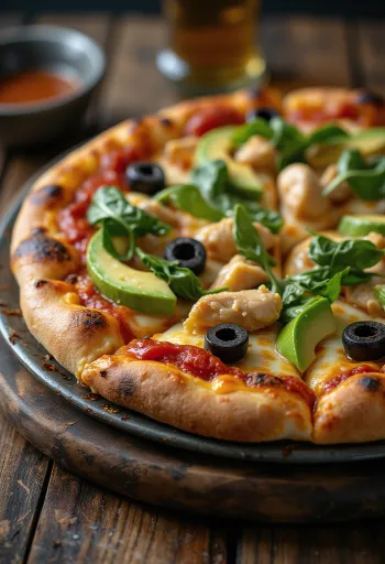 Pizza Kaliforniane me avokado të freskët, gjoks pule dhe spinaq
