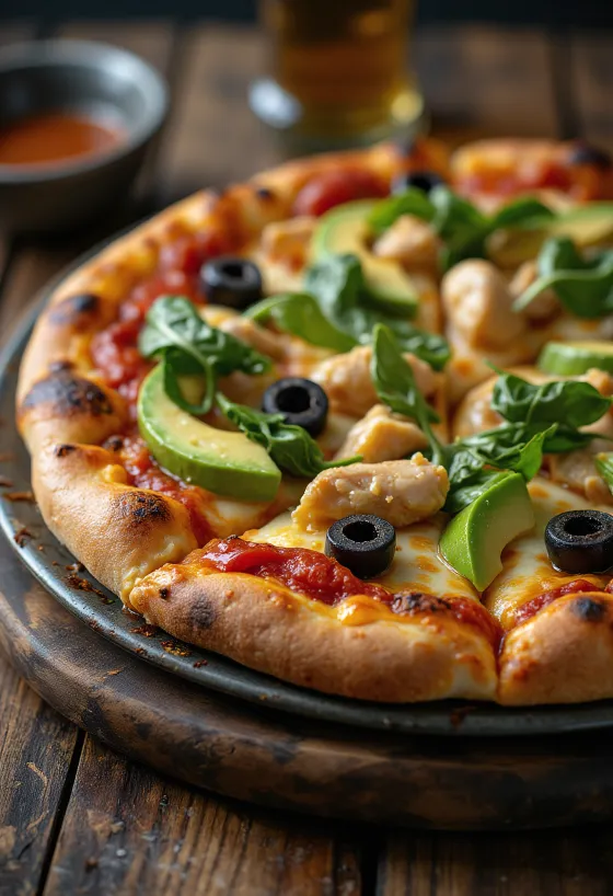 Pizza Kaliforniane me avokado të freskët, gjoks pule dhe spinaq