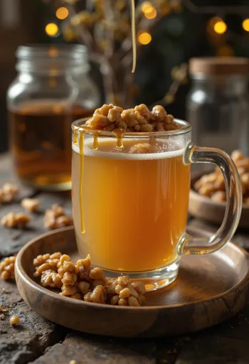 Cider me arra dhe karamel i shërbyer në gotë qelqi