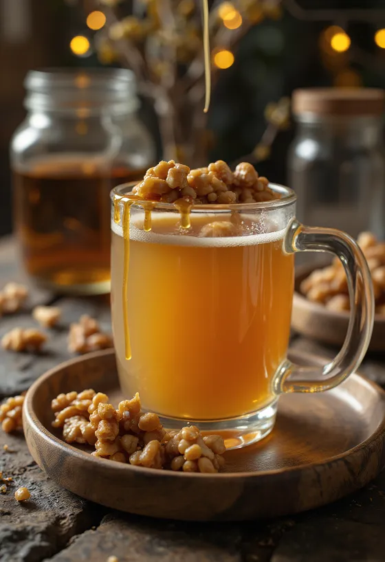 Cider me arra dhe karamel i shërbyer në gotë qelqi
