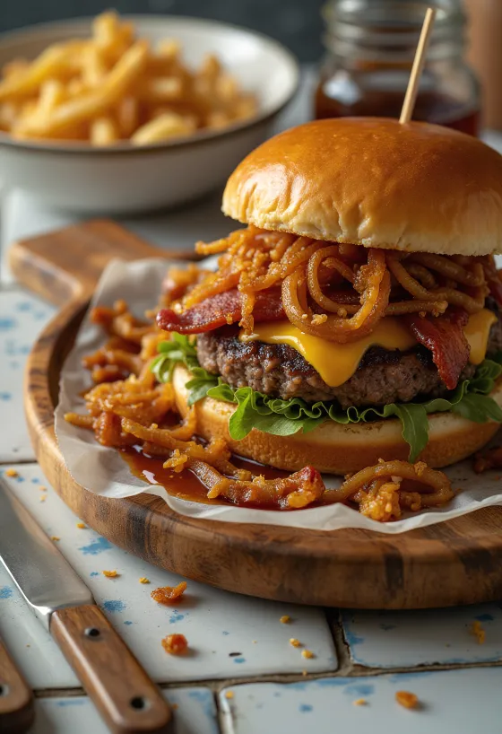 Burger BBQ me pançetë dhe salcë