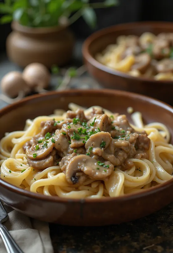 Stroganoff viçi i shërbyer me nuduj orizi