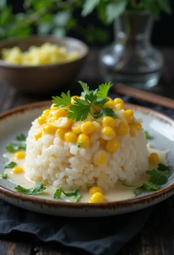 Xôi misër me salcë kokosi dhe koriandër të freskët të shërbyer