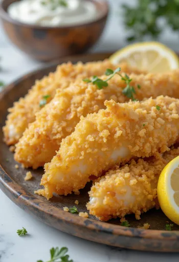 Peshk i skuqur në ngjyrë të artë, shërbyer me feta limoni dhe sallatë.