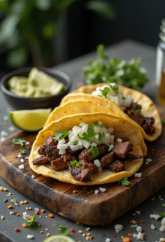 Taco carne asada e servirur me limon dhe koriandër