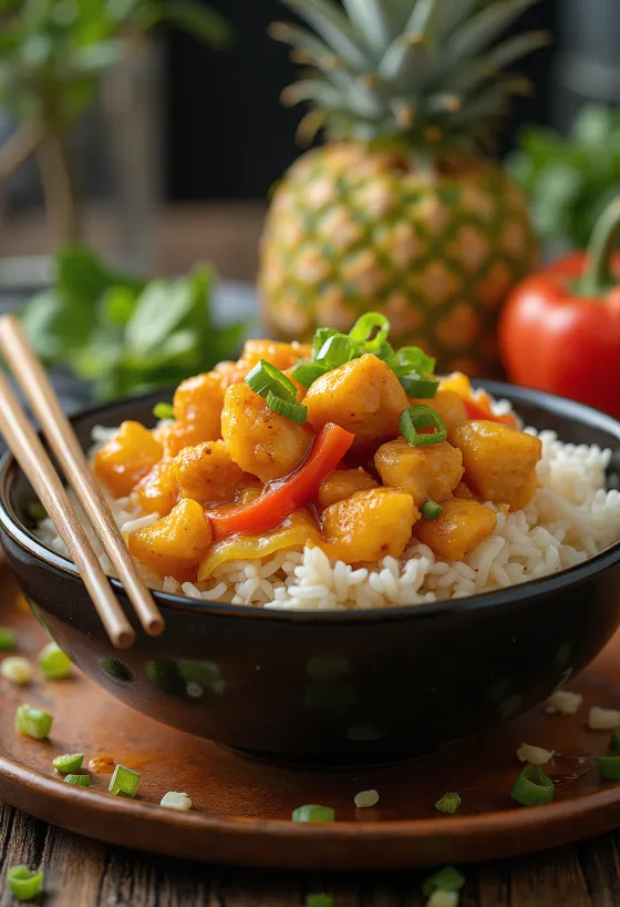 Pulë Thai me salcë ëmbël dhe thartë e shërbyer me ananas dhe perime