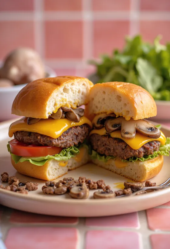 Hamburger i mbushur i freskët me djathë cheddar dhe kërpudha