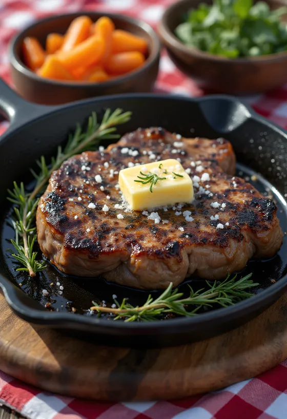 Biftek jaku i pjekur me perime dhe rozmarinë