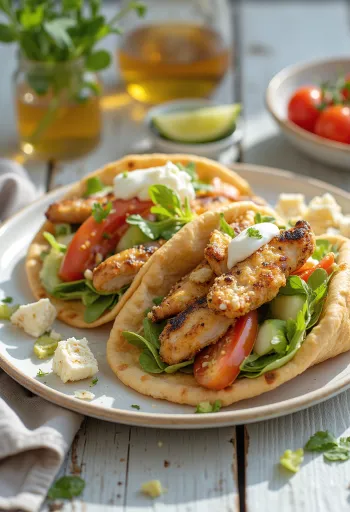 Gyros me hudhër me pulë të pjekur, perime të freskëta dhe salcë xaxiq me hudhër