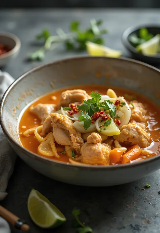 Pulë Thai me qumësht kokosi e shërbyer me oriz, zbukuruar me koriandër