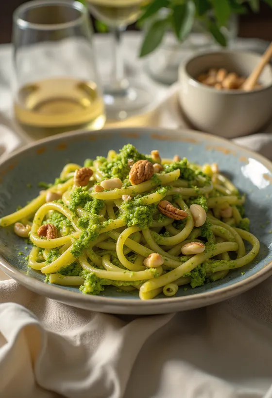 Makarona vegane me salcë pesto, të shërbyera të freskëta me borzilok dhe stika pishe të pjekura.
