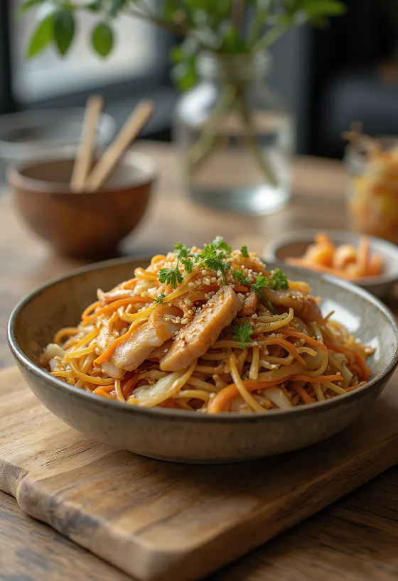 Yakisoba me pulë dhe perime krokante